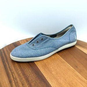 Nautica Boat Shoes 10 Blue Chambray Fabric Fiddley Laceless Pull On Comfort Flat